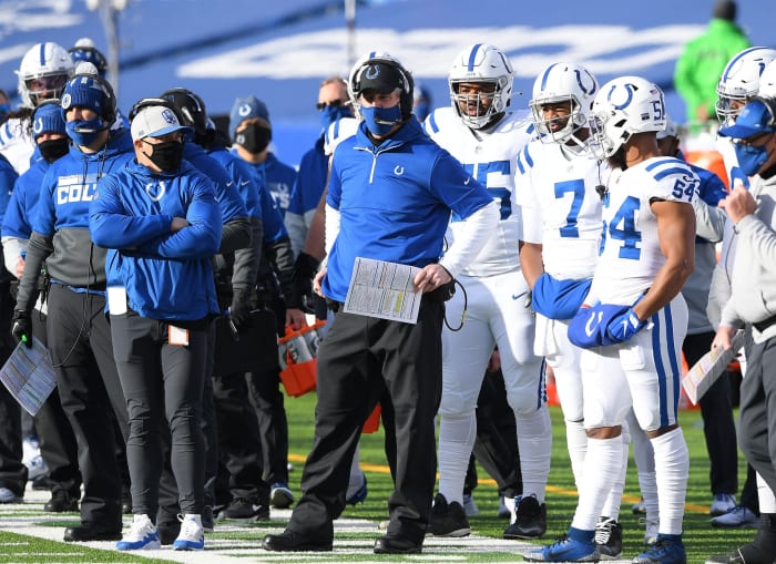 Indianapolis Colts head coach Frank Reich (holding play card) looks on from the Bills Stadium sidelines during Saturday's 27-24 AFC Wild Card Playoff loss to the Buffalo Bills.